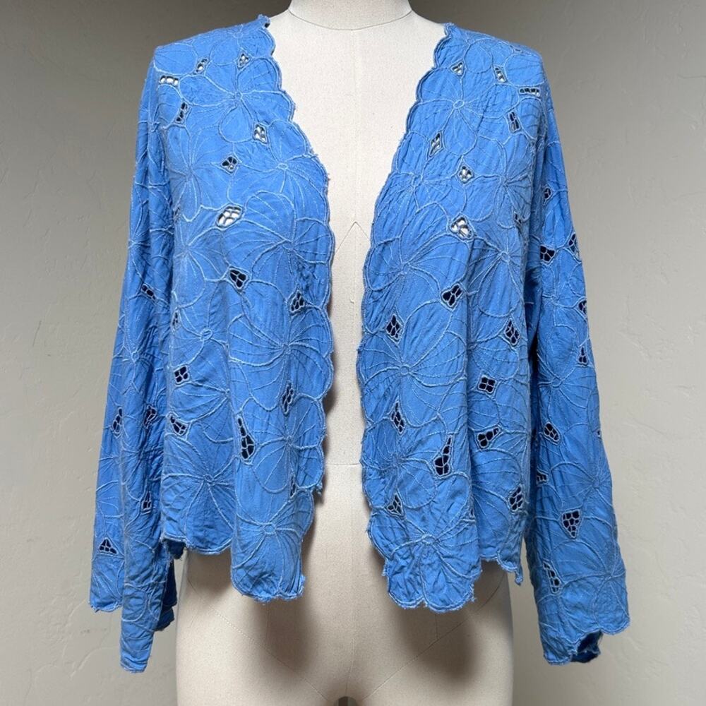 Blue Eyelet Embroidered Cardigan Floral Boho Fairy Soft Layering Top Women XL